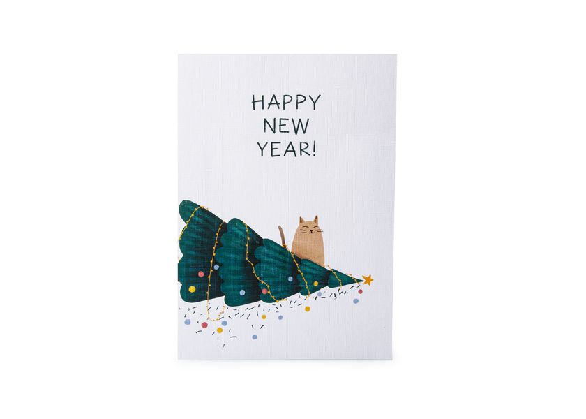 Открытка новогодняя Кот и елка The Catcards