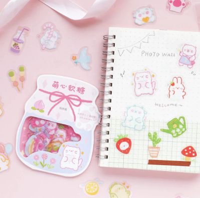 Набор наклеек Котик в баночке, розовый