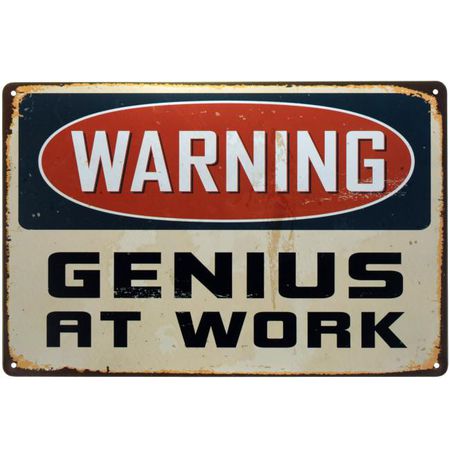 Металлическая табличка Warning! Genius at work