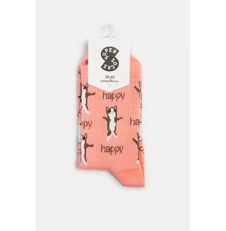 Носки SUPER SOCKS Мем Happy Cat паттерн, розовый (размер 35-40)