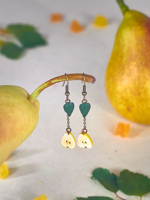 Серьги Груша половинки с листом на цепочке изображение 3