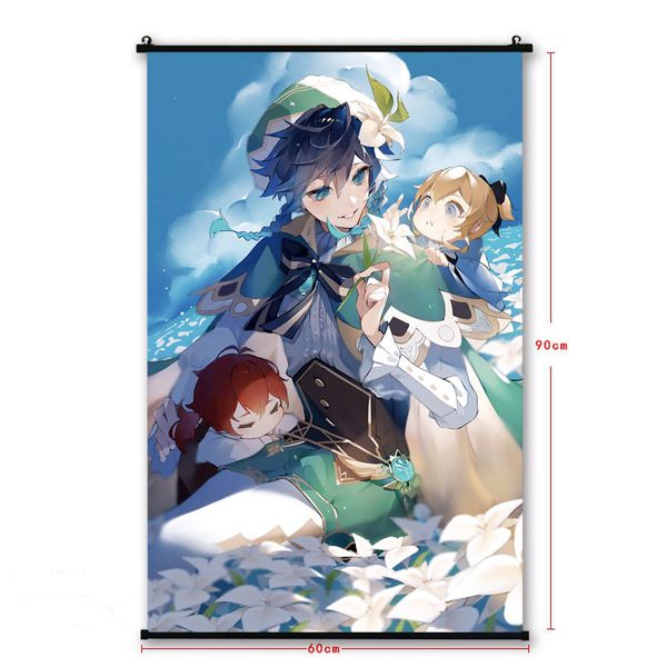 Постер Геншин Импакт - Венти с Джин и Дилюком (Genshin Impact) 60х90 см ткань