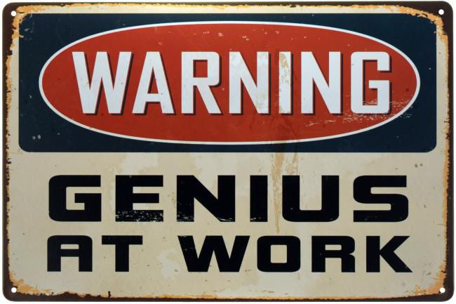 Металлическая табличка Warning! Genius at work