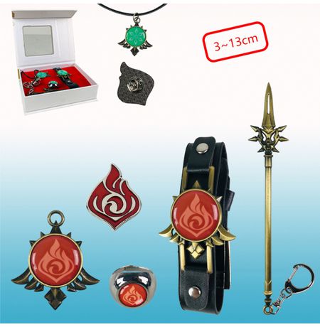 Подарочный набор Геншин Импакт - Пиро (Браслет + пин + брелок + кольцо + подвеска)