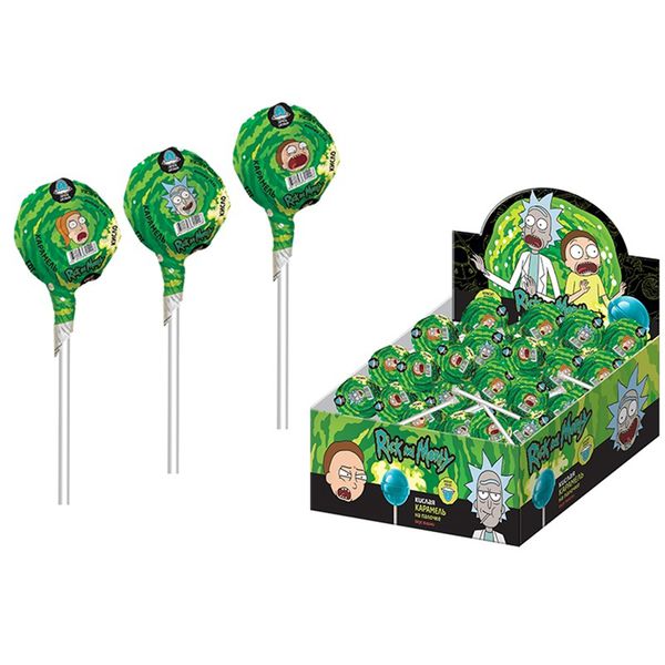 Карамель на палочке Рик и Морти, кислая красящая с жевательной резинкой, 15 г