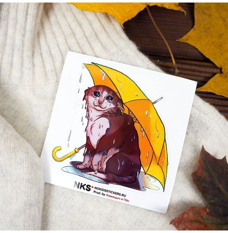 Наклейка Кот и зонтик, стикер NKS card